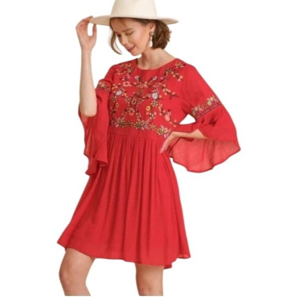 Umgee USA Womens Red Embroidered Bell Sleeve Boho Dress M Rayon Flowy Fit